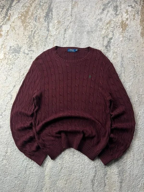 Vintage Ralph Lauren Men’s Red Bordeaux cable-knit pattern Wool Sweater Size L